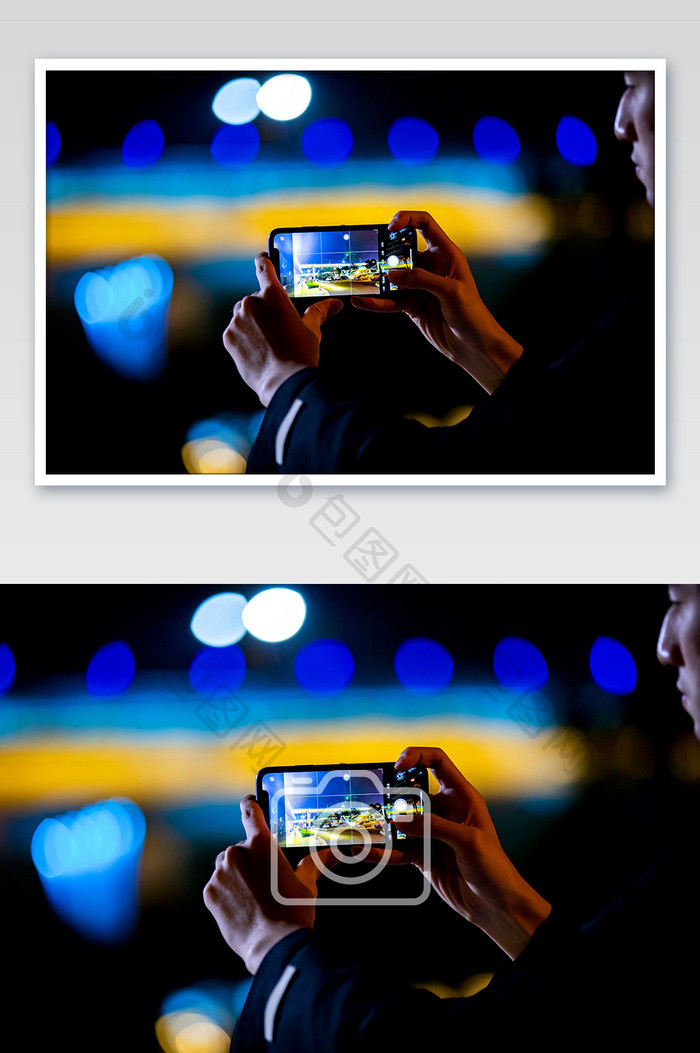 商务西装男手机拍摄记录生活夜景摄影图