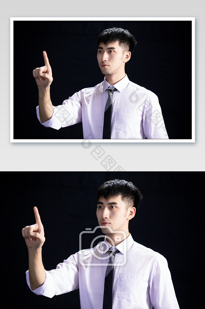 商务衬衫年轻男黑背景下手势可做特效摄影图图片图片