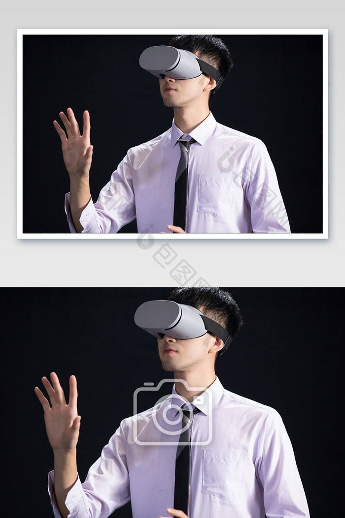 商务衬衫年轻男黑背景下体验VR摄影图