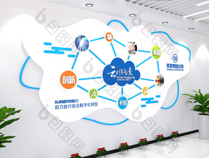 云领智变企业文化墙立体3D效果图酒店展厅