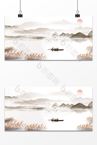 黄色秋冬白鹭霜降中国风山水背景图片