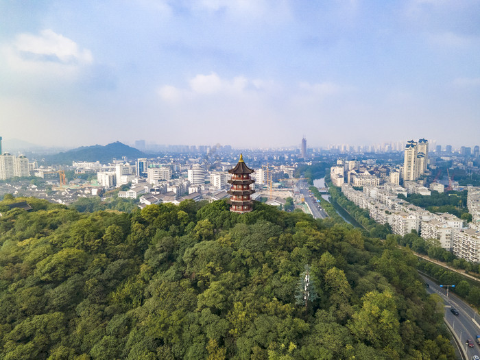 航拍绍兴蕺山塔摄影图片