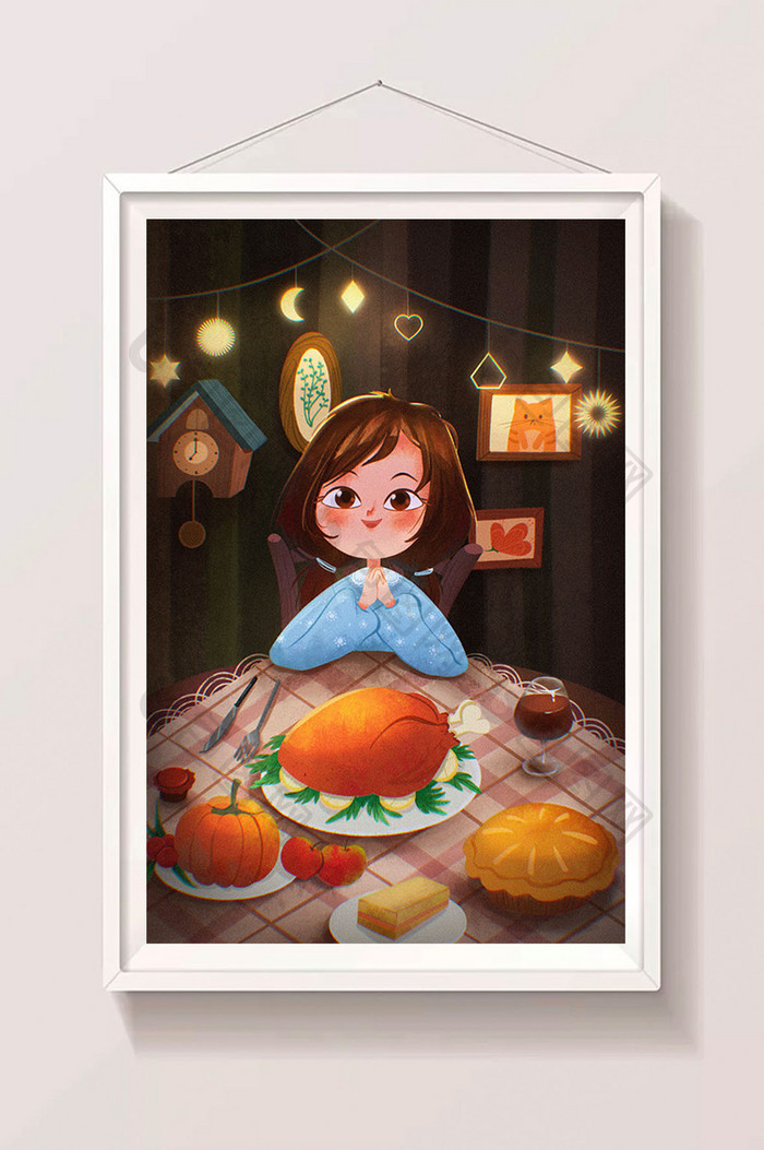 黄色温馨室内可爱女孩餐桌前庆祝感恩节插画