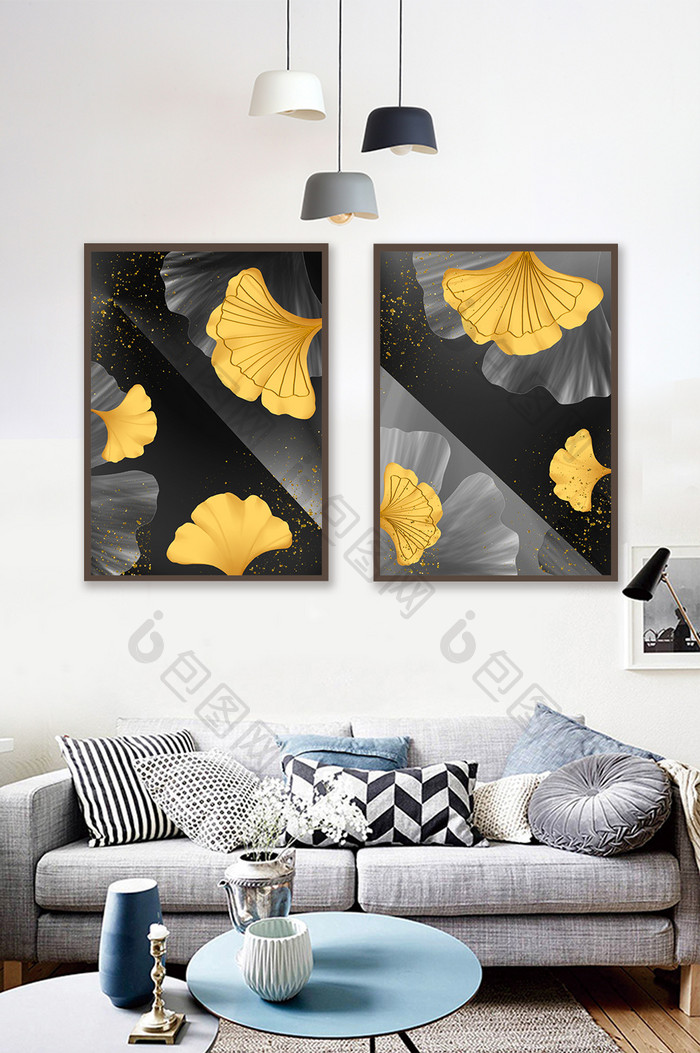 现代抽象轻奢银杏叶植物双联装饰画