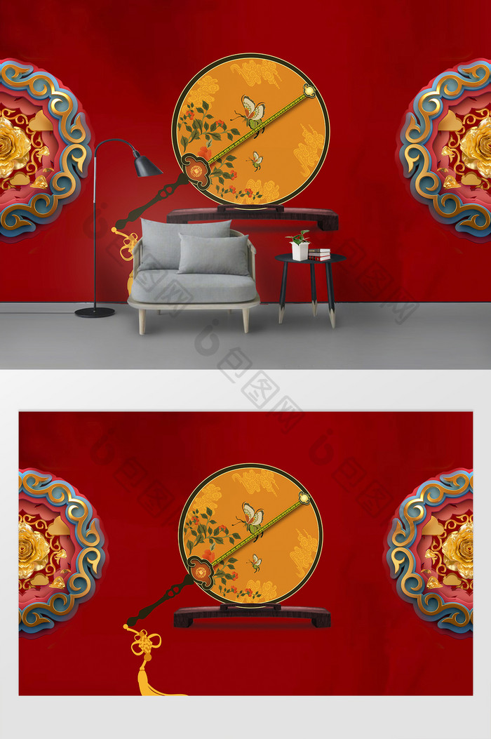 中式传统红色圆扇坐台金花电视背景墙