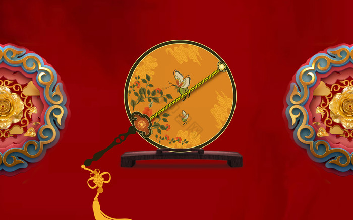 中式传统红色圆扇坐台金花电视背景墙图片