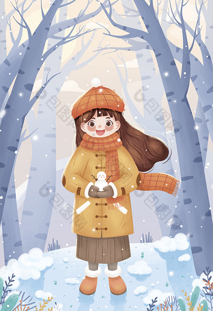 二十四节气小雪雪地女孩冬季插画