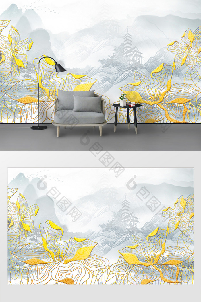 中式水墨鎏金花式元素电视背景墙