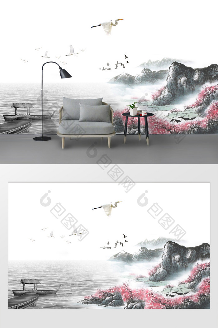 中式传统水墨风格山水电视背景墙