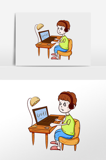卡通男孩熬夜玩电脑