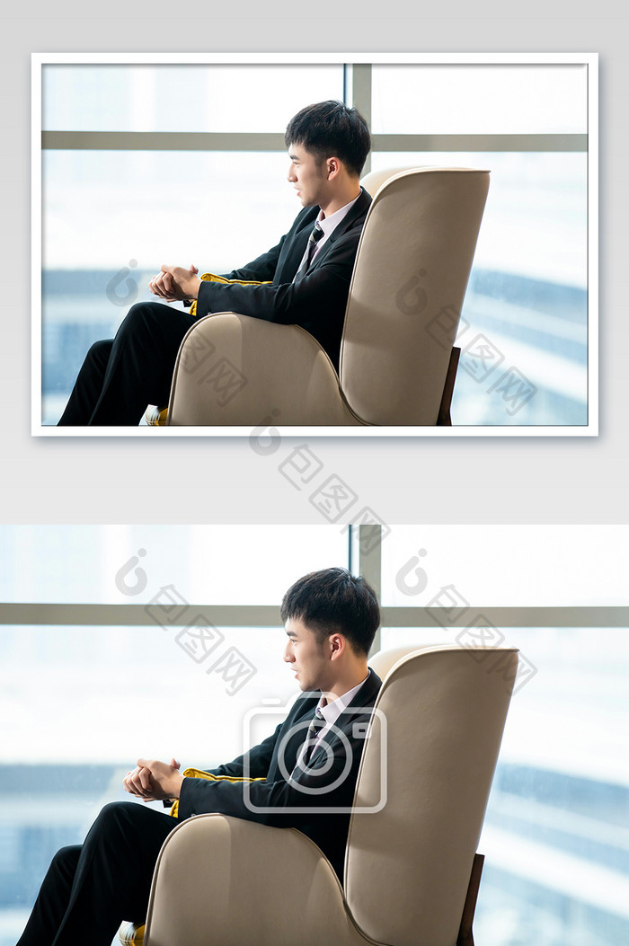 商务西装男咖啡厅座椅谈合作怡然自得摄影图