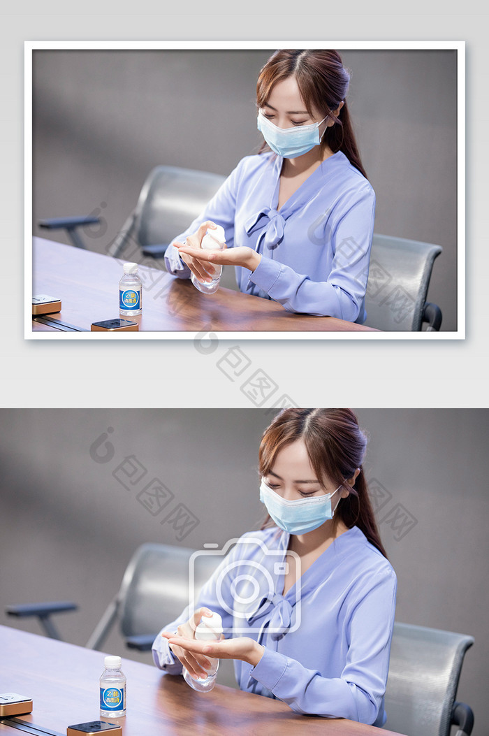 商务办公室女疫情戴口罩洗手消毒摄影图