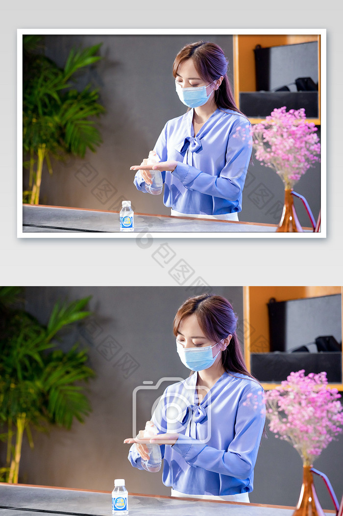 商务办公室女疫情注意防护洗手消毒摄影图图片图片
