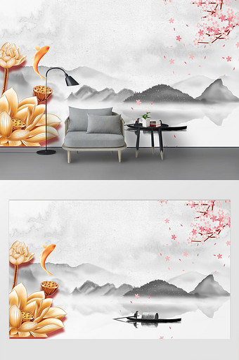 传统中式黑白山水金色莲花电视背景墙图片