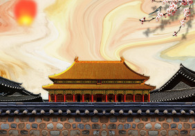 新中式传统建筑大理石版面装饰画