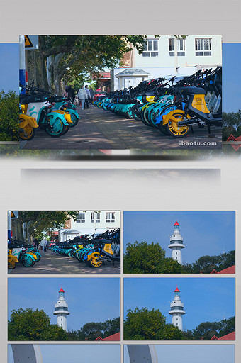 实用空镜头灯塔共享电单车海边游人延时拍摄图片
