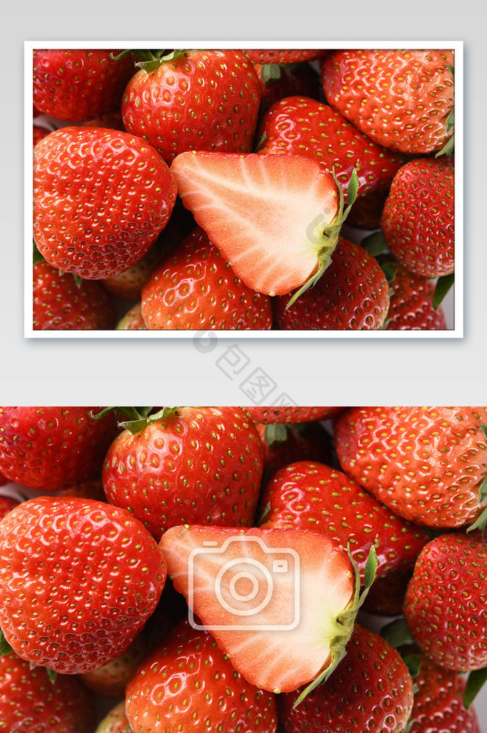 新鲜草莓水果平铺切开