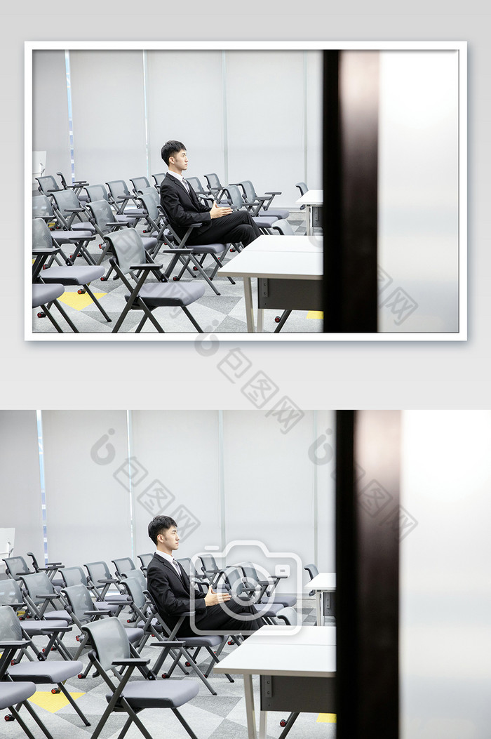 商务白色大气简洁会议室西装男听汇报摄影图图片图片