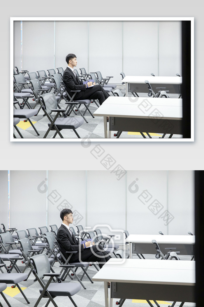 商务白色简洁会议室西装白领男听汇报摄影图