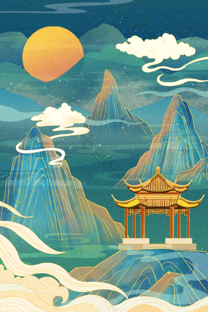 山水建筑插画图片-包图网