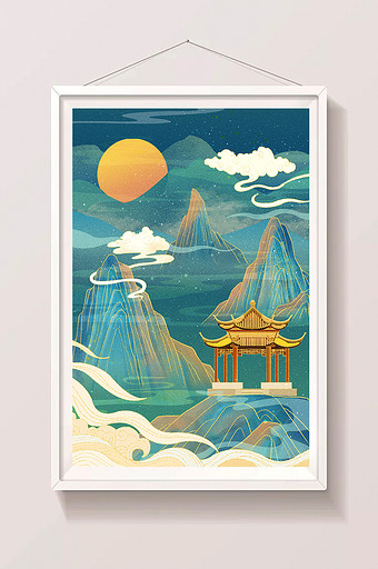 中国风国潮山水建筑背景插画图片