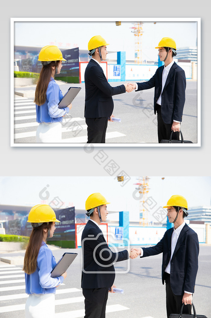 商务大气建筑工地领导握手戴头盔摄影图图片图片