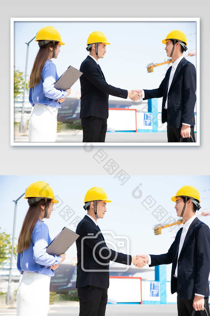 商务建筑工地领导视察握手合作戴头盔摄影图图片图片