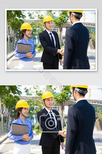商务大气工地西装男女握手戴头盔摄影图图片