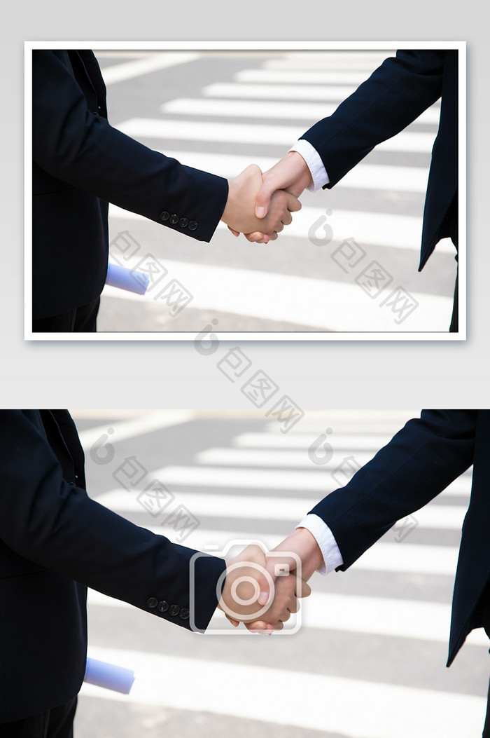 商务斑马线外景西装男握手合作摄影图