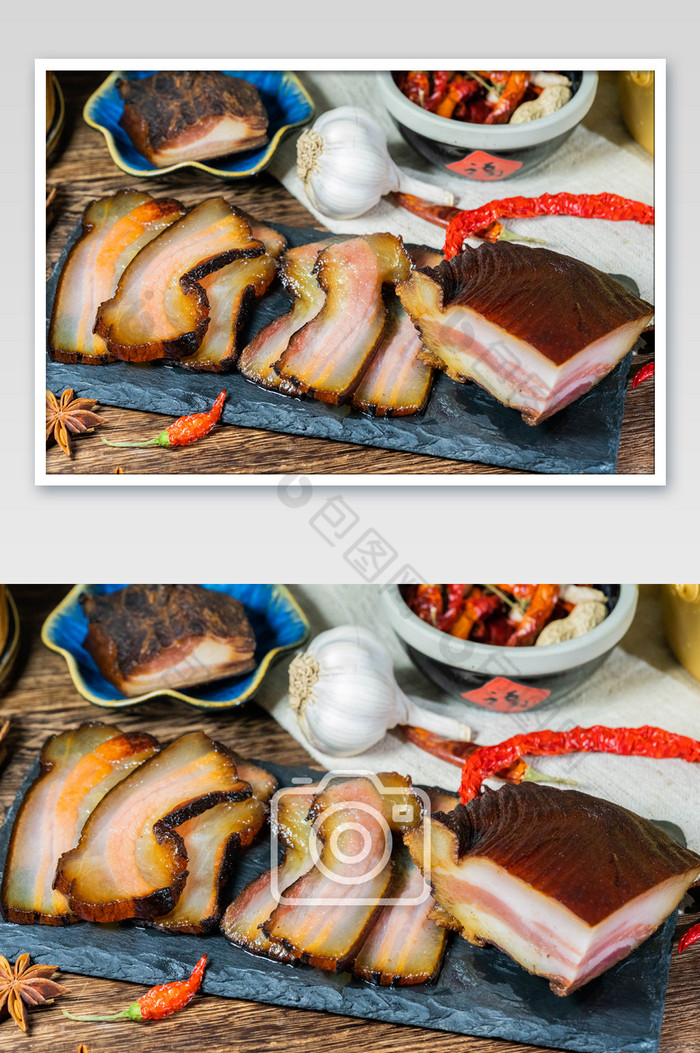 腊肉和辣椒大蒜摄影图图片图片
