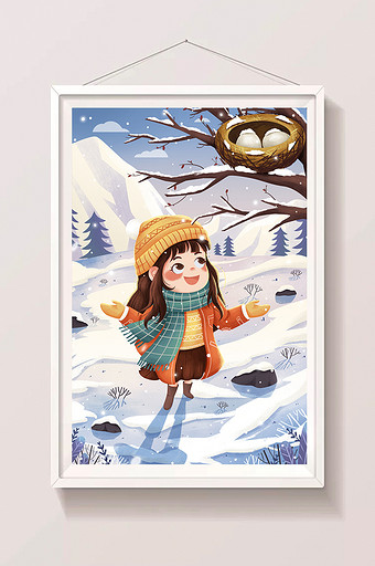 二十四节气小雪雪地女孩看鸟窝冬季插画图片