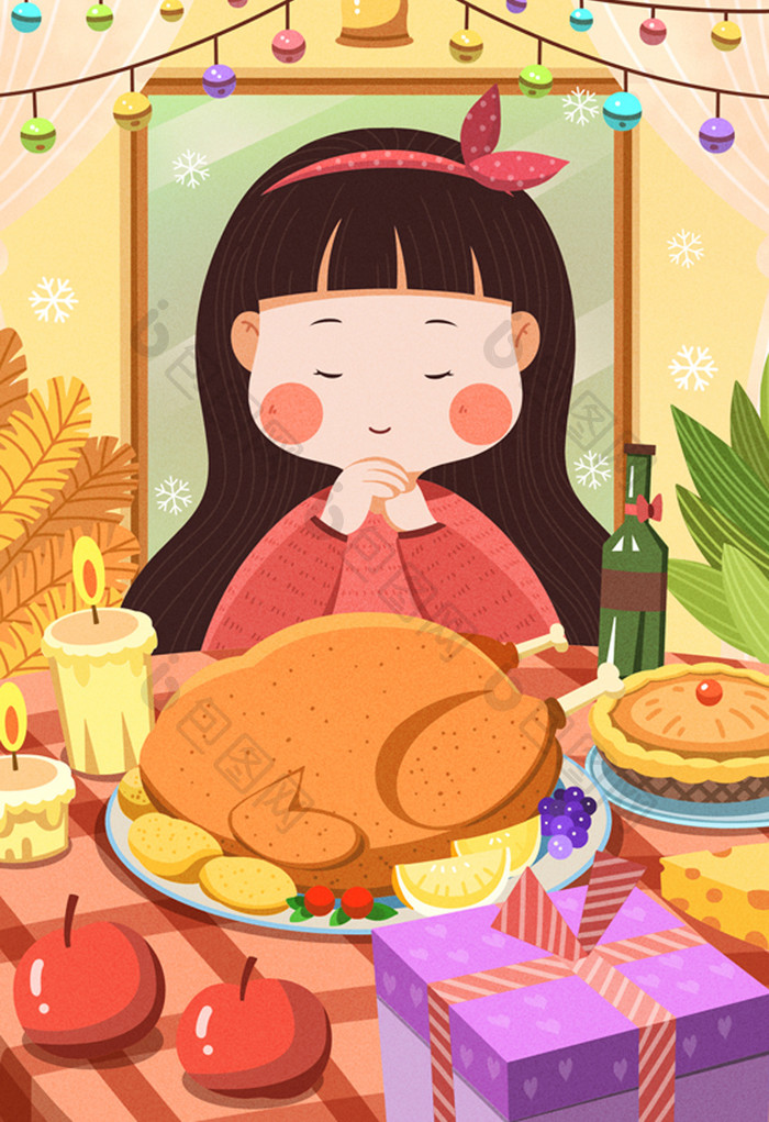 感恩节晚餐祷告插画