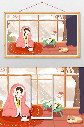 大雪冬季卧室插画图片