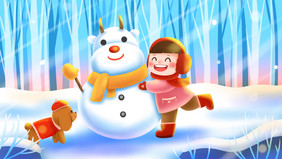 唯美清新冬天堆雪人的女孩插画