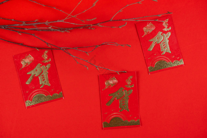 红色背景上的树枝和红包图片
