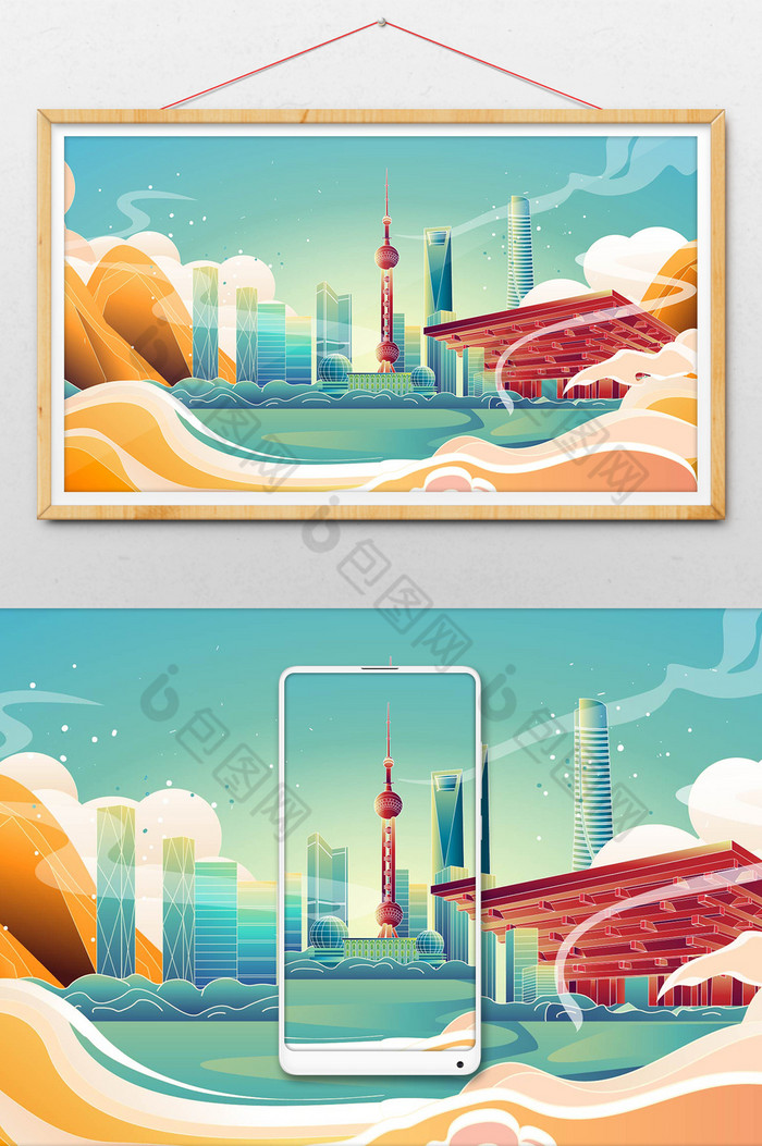 国风上海城市建筑插画图图片图片