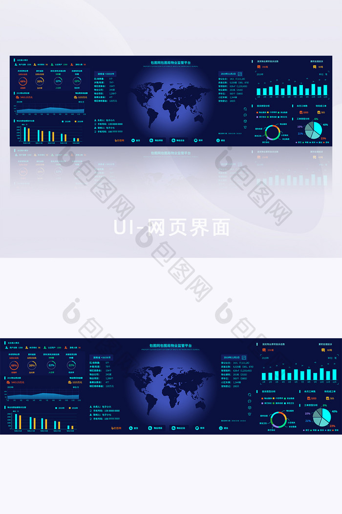 深蓝色物业企业数据分析可视化大屏展示页面