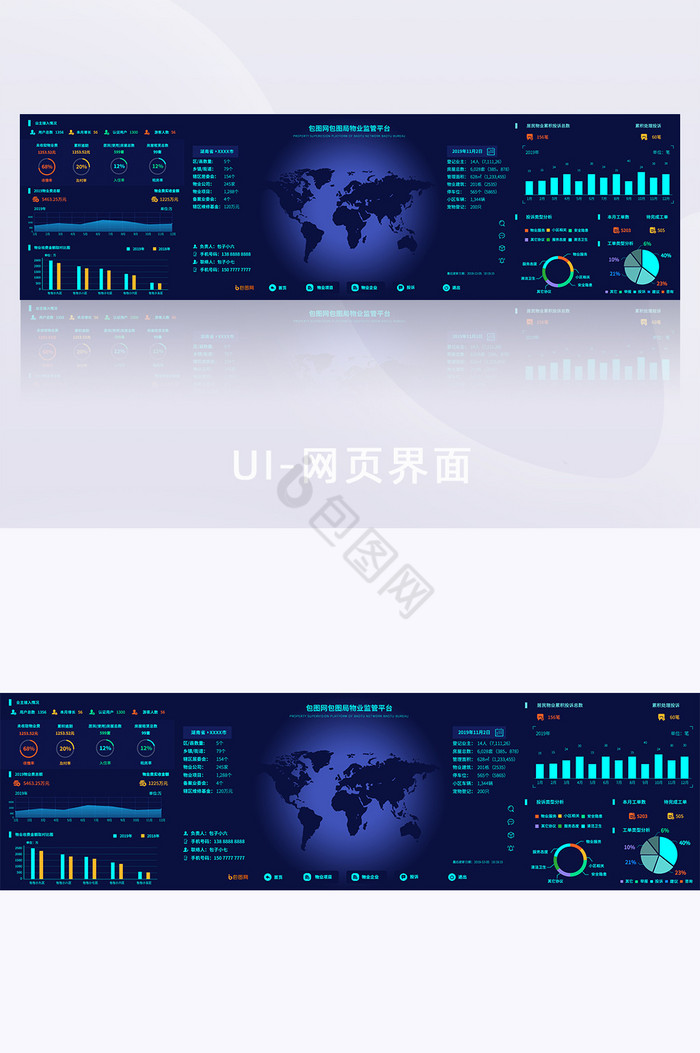 深蓝色物业企业数据分析可视化大屏展示页面图片