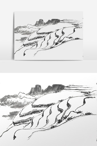 水墨水彩梯田田野