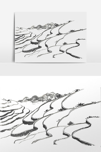 水墨乡野农田梯田