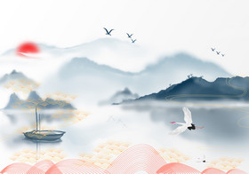 中式意境水墨金色山水中国风两联装饰画