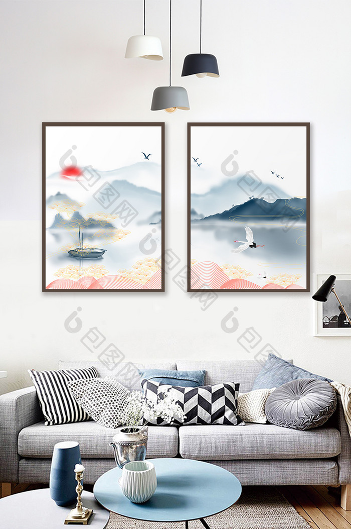 中式意境水墨金色山水中国风两联装饰画