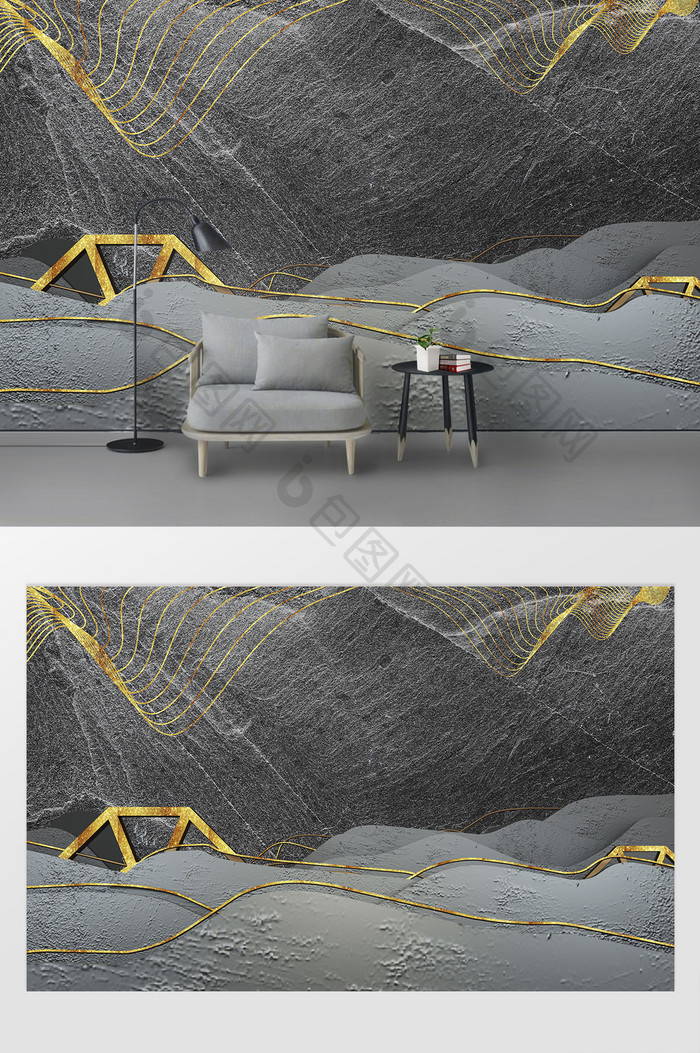 黑色质感纹理大理石鎏金线条中式山水背景墙