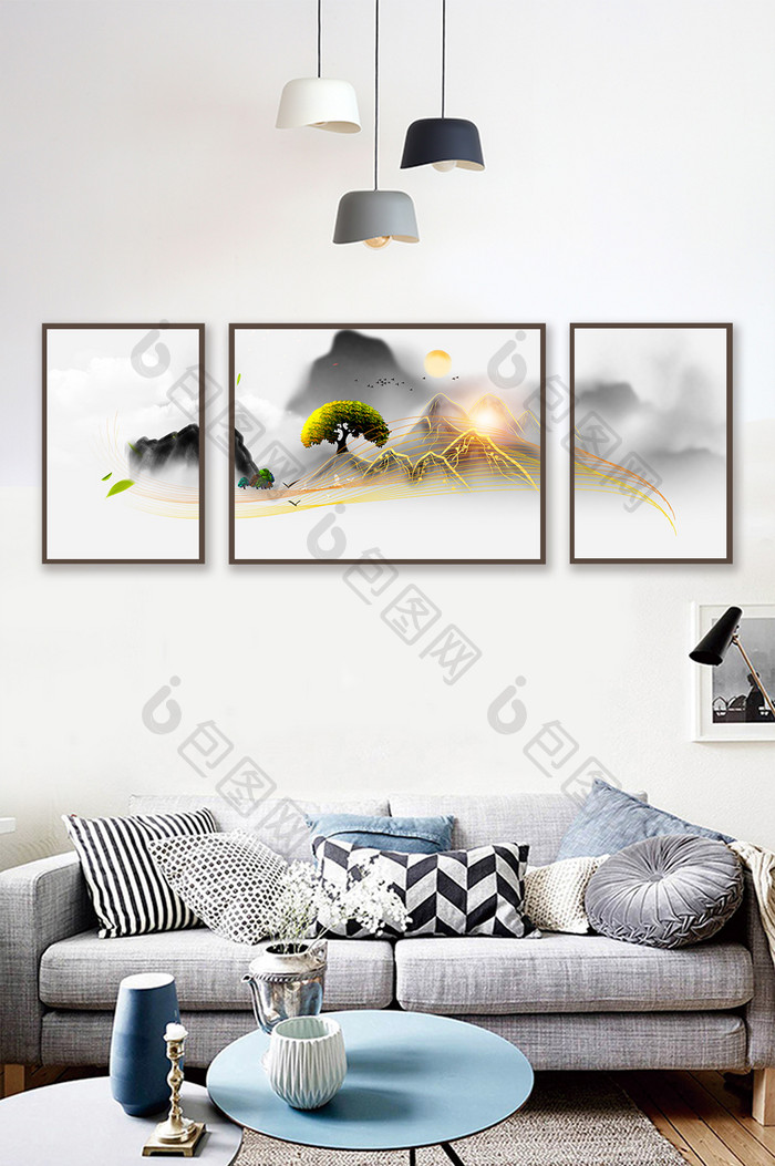 中式中国风意境水墨画山水画鎏金三联装饰画 图片下载 包图网