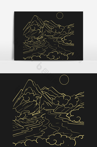 国潮金色线描山水图片