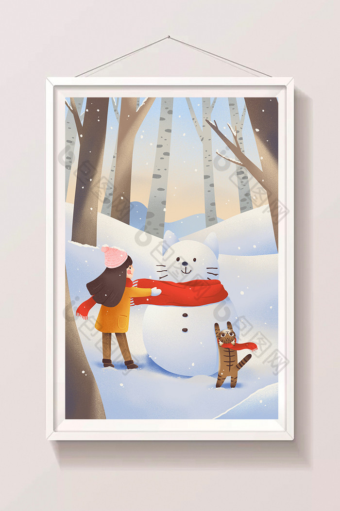 堆雪人雪人女孩和猫图片