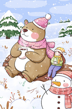 小雪大雪节气女孩与熊插画