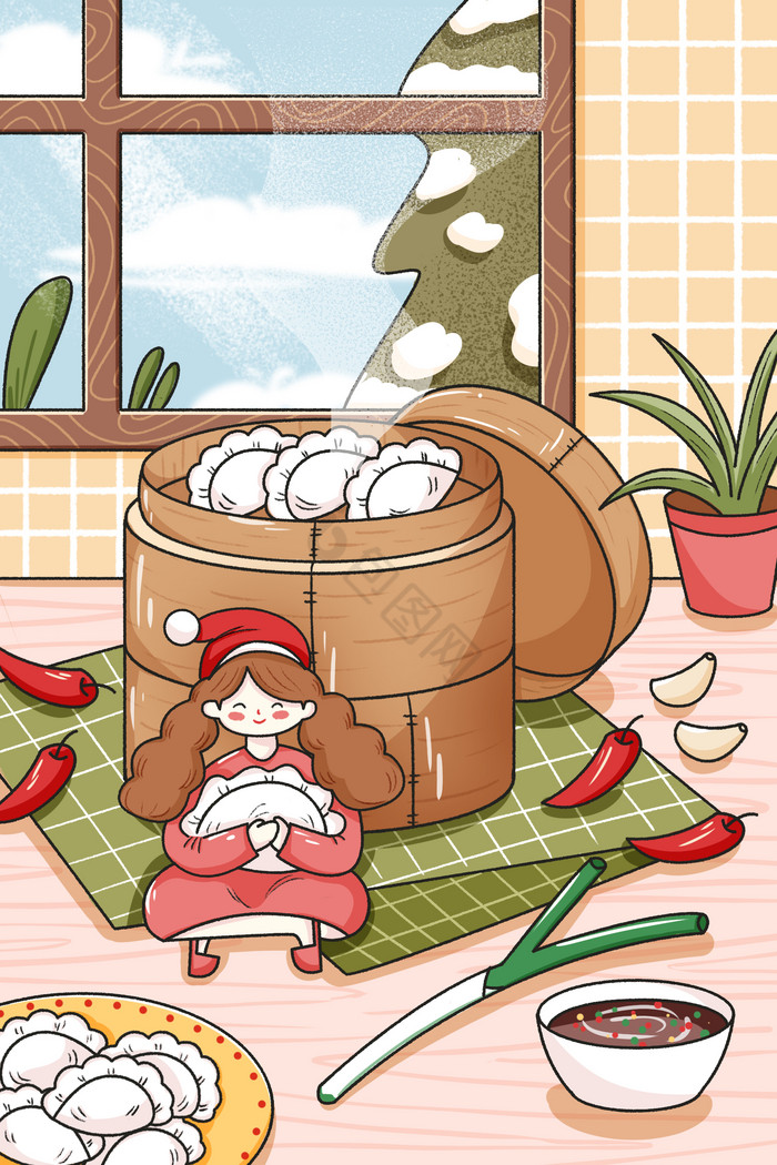 小雪立冬女孩吃饺子插画图片