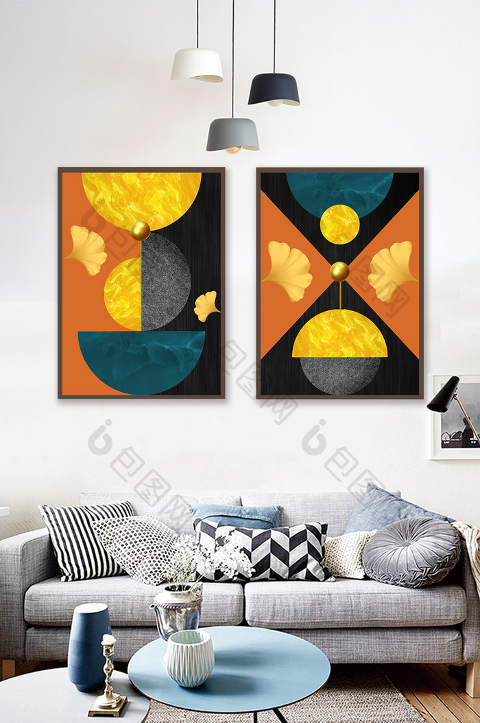 现代抽象几何形状金色银杏叶客厅装饰画