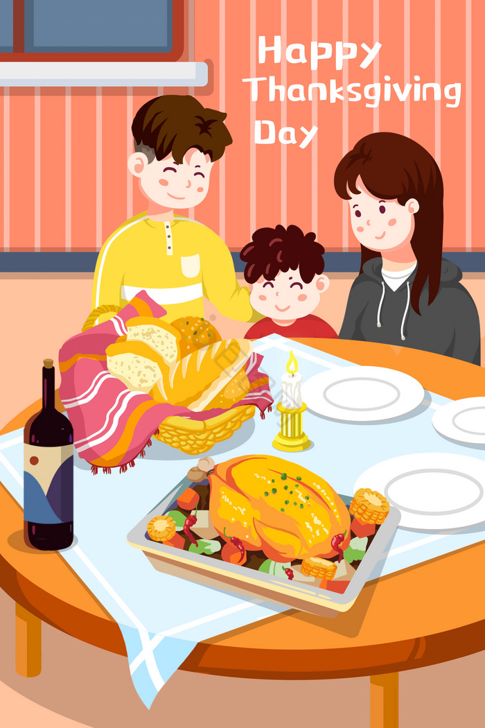 温馨感恩节一家人团聚吃火鸡插画图片